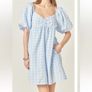 NWT English Factory Blue Gingham Linen Sweetheart Baby Doll Dress Sz S